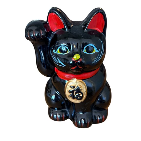 Vintage Maneki-Neko Lucky Black Cat Right Paw Up - Picture 3 of 17